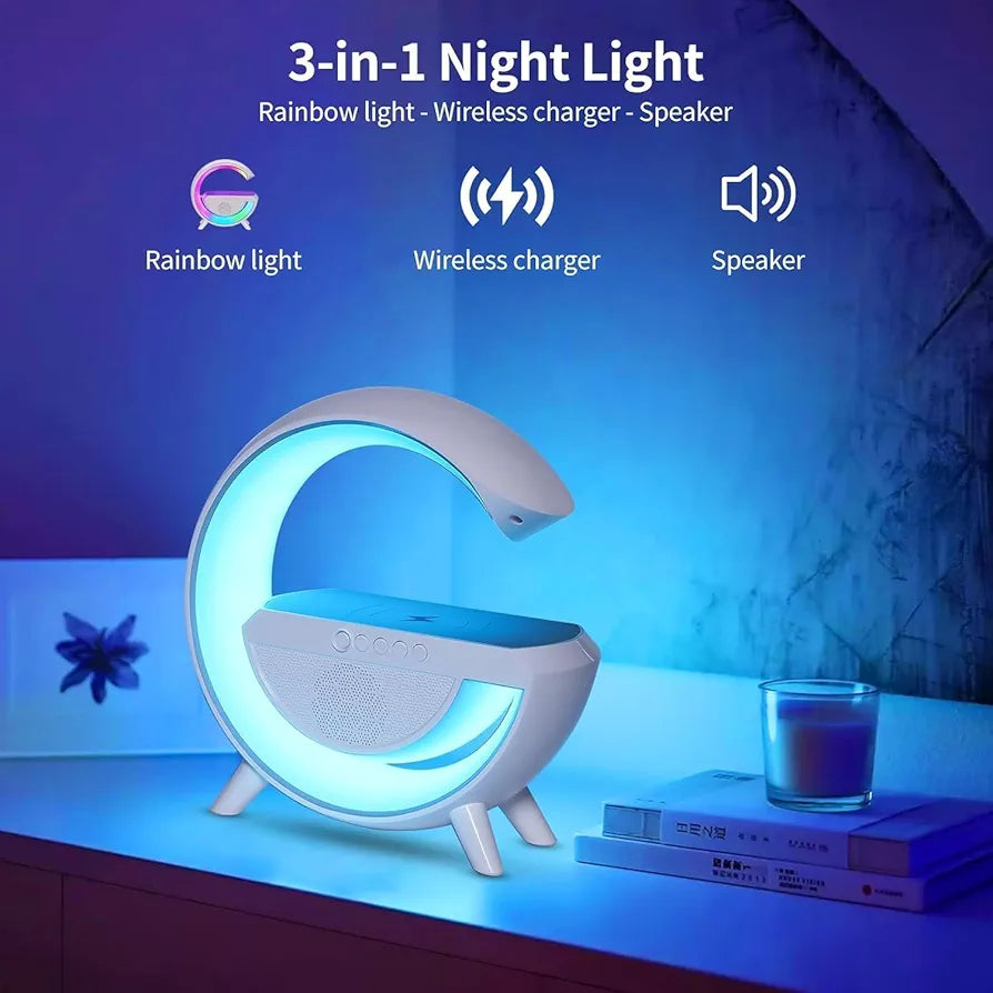 Table Lamp with Bluetooth Speaker, G Bedside Lamp with 15W Wireless Charger, Atmosphere Desk Lamp with Alarm Clock, RGB Bedside Nightstand Lamp, Hi-Fi Sound.