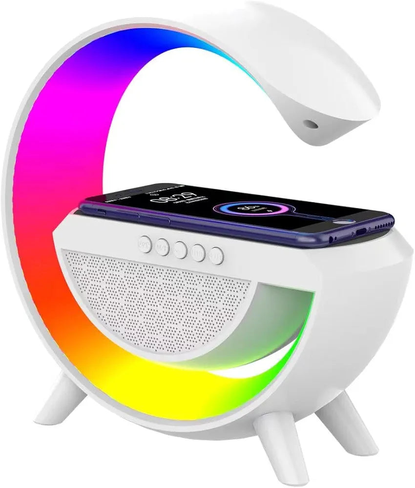 Table Lamp with Bluetooth Speaker, G Bedside Lamp with 15W Wireless Charger, Atmosphere Desk Lamp with Alarm Clock, RGB Bedside Nightstand Lamp, Hi-Fi Sound.