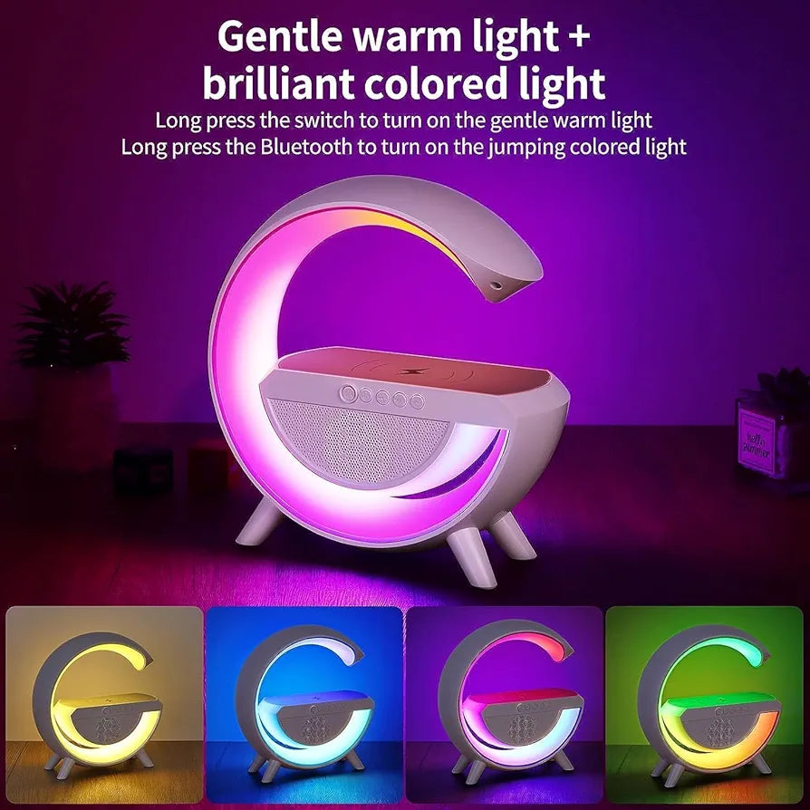 Table Lamp with Bluetooth Speaker, G Bedside Lamp with 15W Wireless Charger, Atmosphere Desk Lamp with Alarm Clock, RGB Bedside Nightstand Lamp, Hi-Fi Sound.