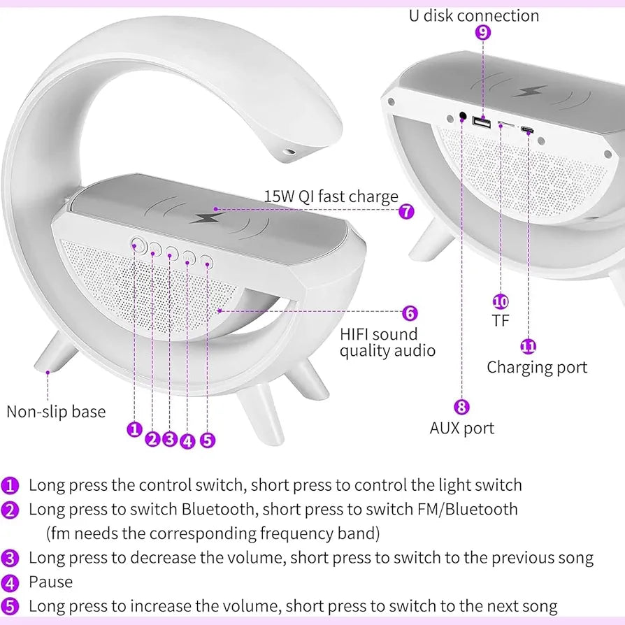 Table Lamp with Bluetooth Speaker, G Bedside Lamp with 15W Wireless Charger, Atmosphere Desk Lamp with Alarm Clock, RGB Bedside Nightstand Lamp, Hi-Fi Sound.