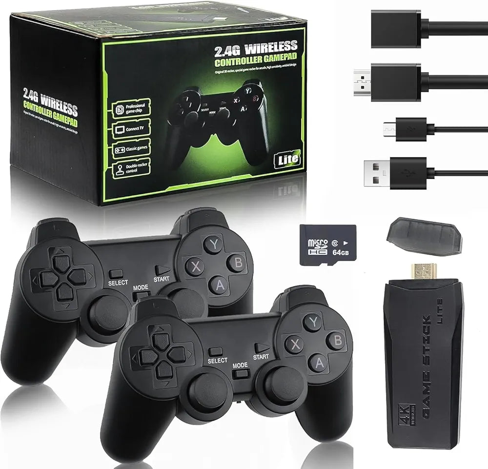 M8 4K Game Stick Lite with Dual 2.4G Wireless Game Controllers | Plug & Play Retro Console with 10000+ Classic Games | HDMI TV Video Game Console | Black